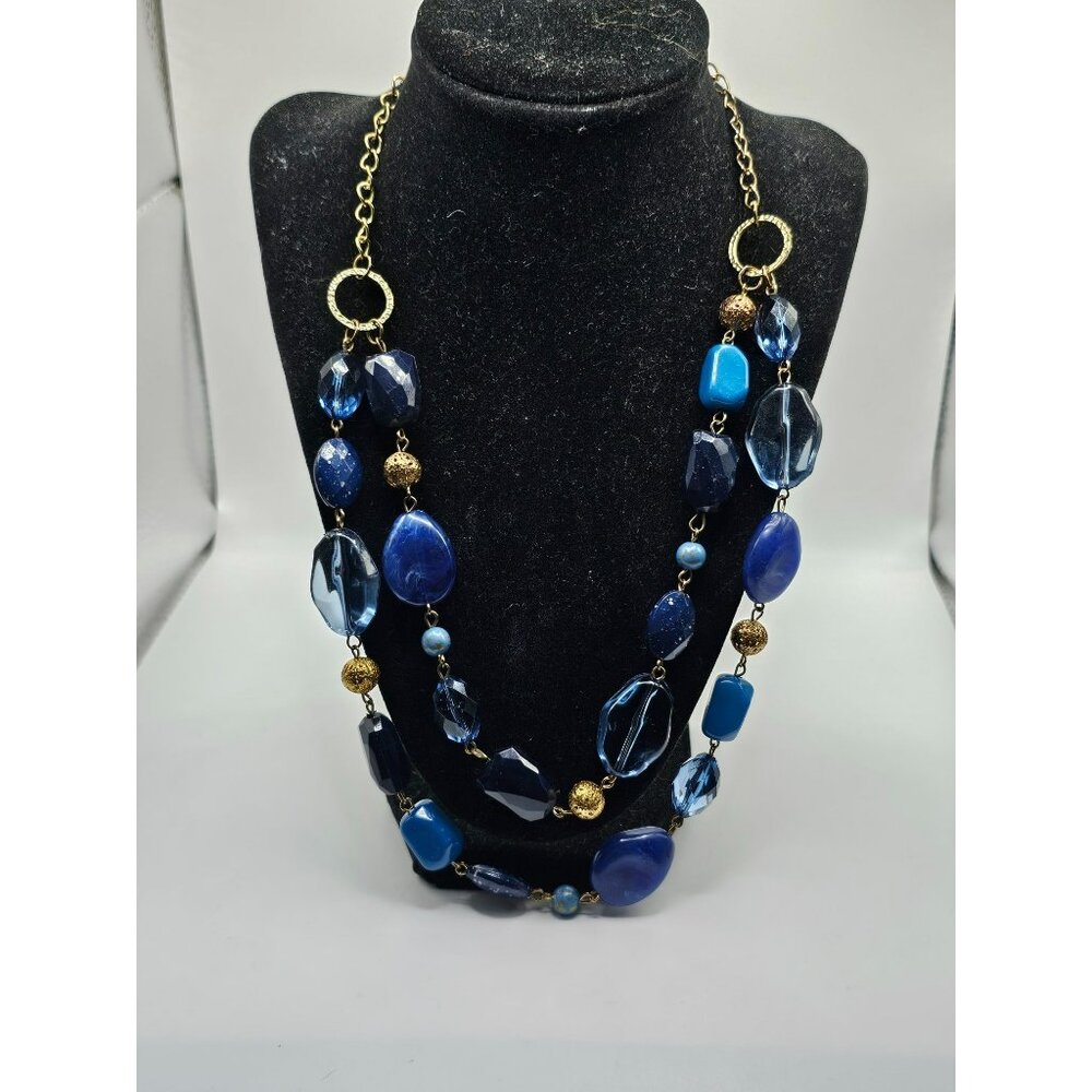 Handmade Long Blue Beaded Necklace With Gold Accents Gemstone-Inspired Design St